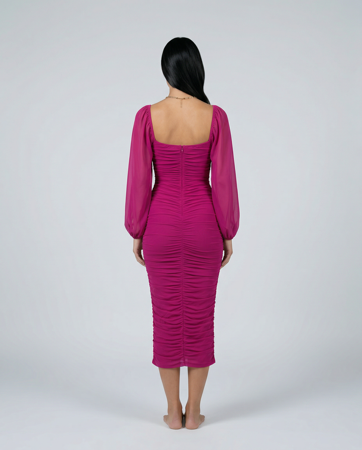 Debra | Ruched Midi Dress with Sheer Long Sleeves