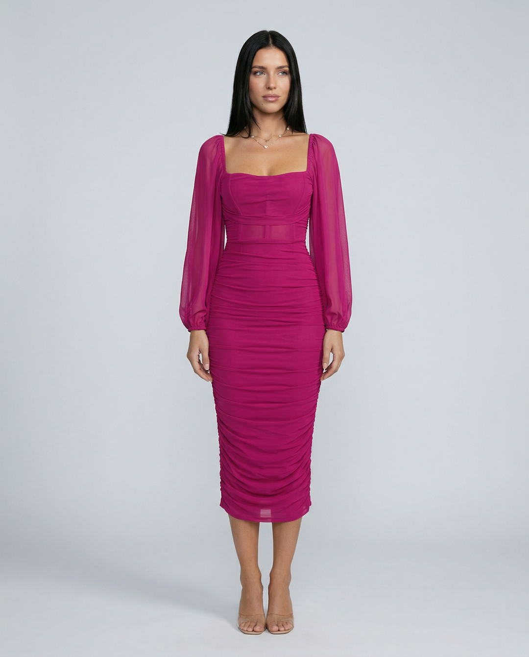 Debra | Ruched Midi Dress with Sheer Long Sleeves