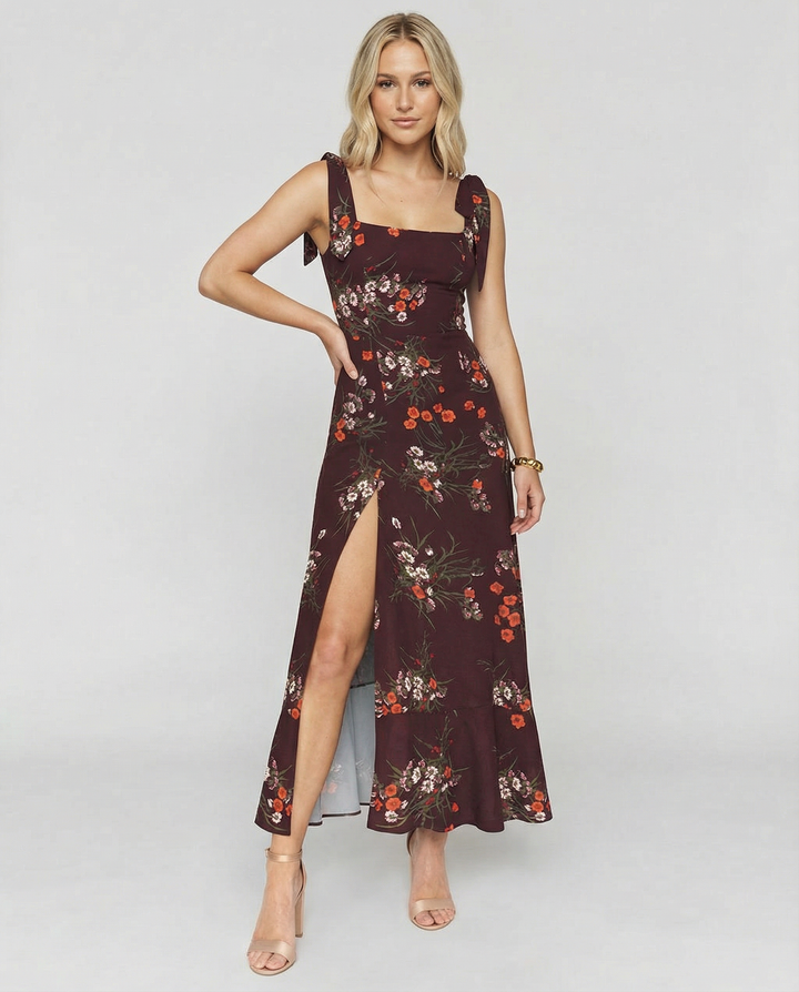Pauline | Square Neck Midi Dress with Side Slit