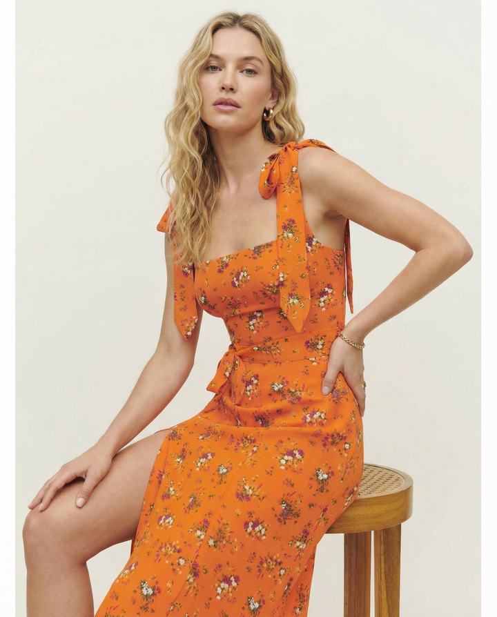Pauline | Square Neck Midi Dress with Side Slit