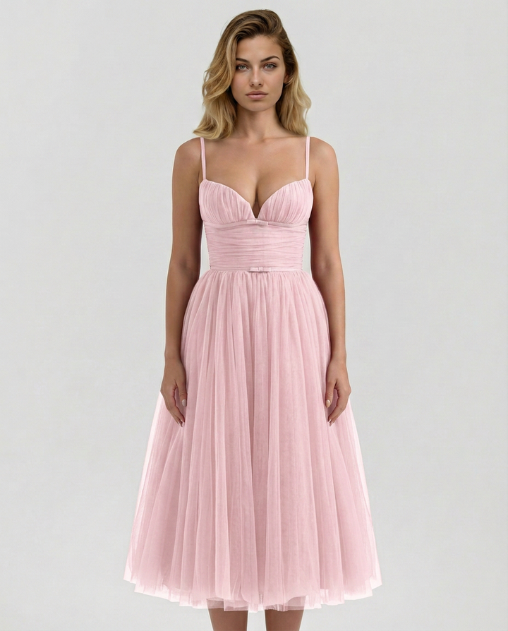 Karen | Tulle Midi Dress with Pleated Skirt