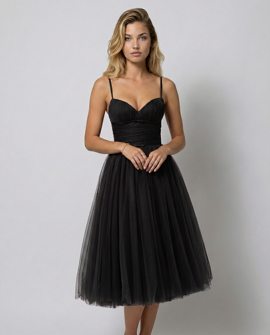 Karen | Tulle Midi Dress with Pleated Skirt
