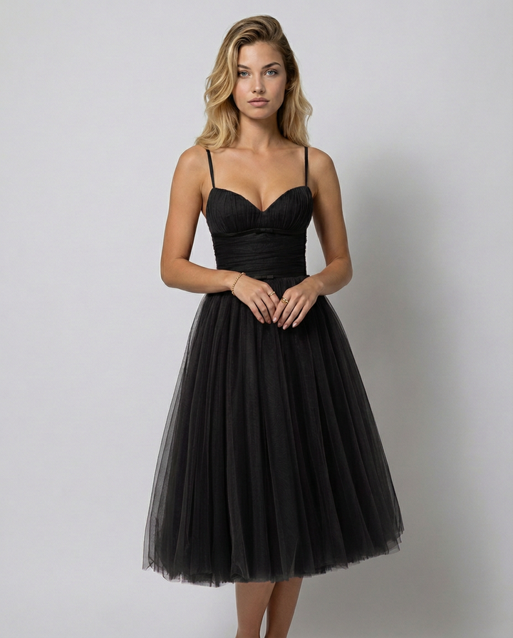 Karen | Tulle Midi Dress with Pleated Skirt