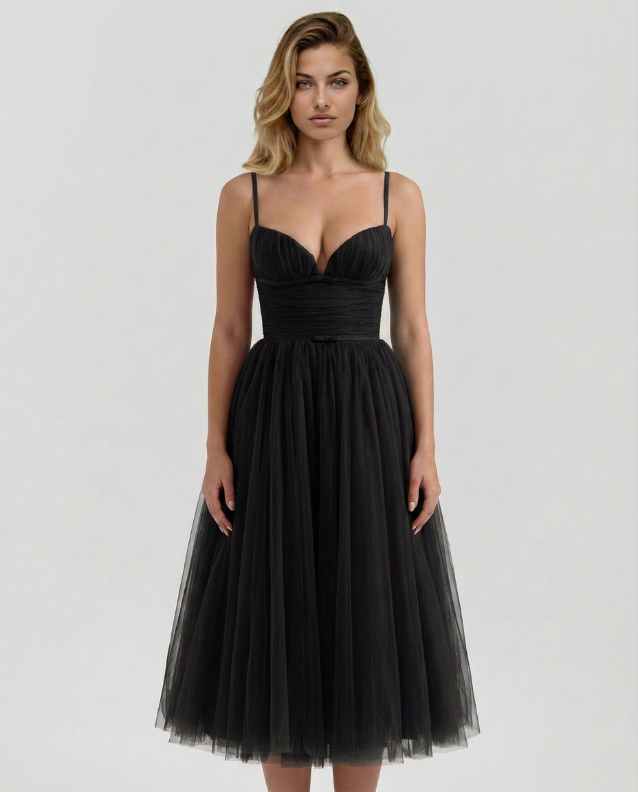 Karen | Tulle Midi Dress with Pleated Skirt