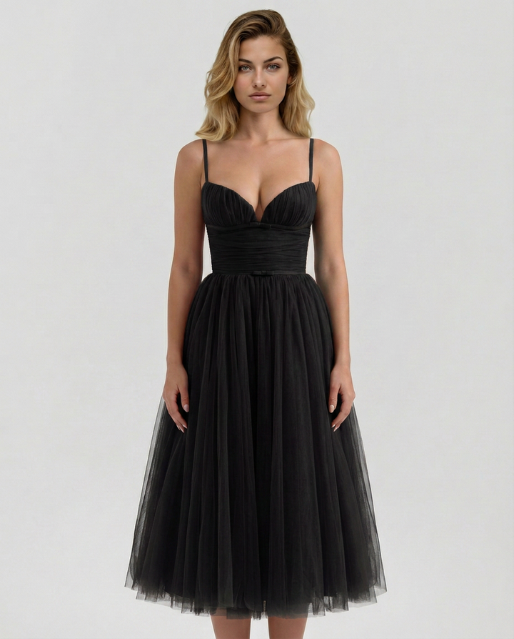 Karen | Tulle Midi Dress with Pleated Skirt