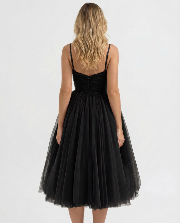 Karen | Tulle Midi Dress with Pleated Skirt