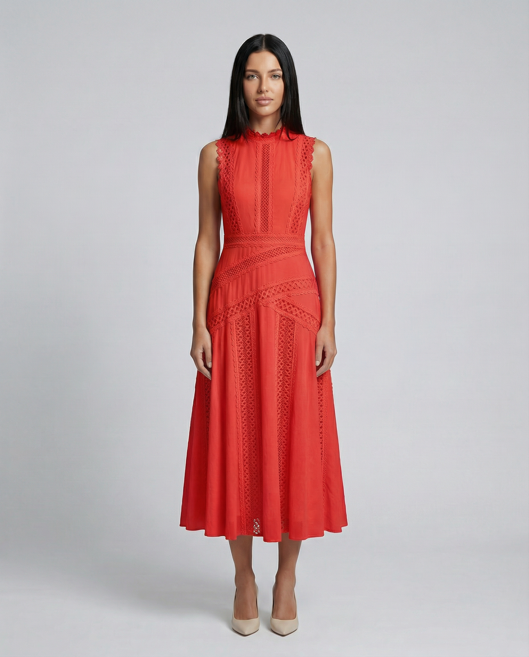 Alma | Sleeveless Midi Dress with Lace Panels