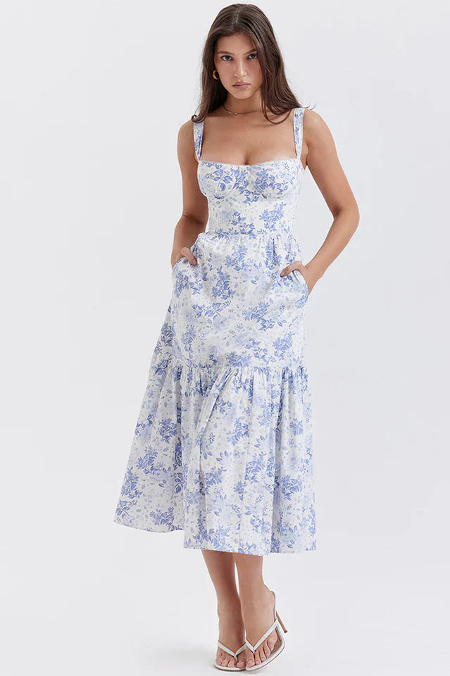 Cassie | Floral Midi Sundress with Tiered Skirt