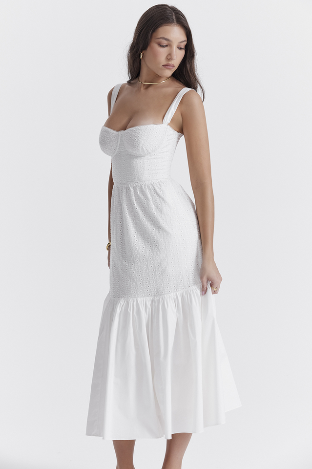 Katrina | Broderie Anglaise Midi Dress with Corset Bodice