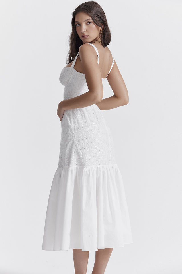 Katrina | Broderie Anglaise Midi Dress with Corset Bodice