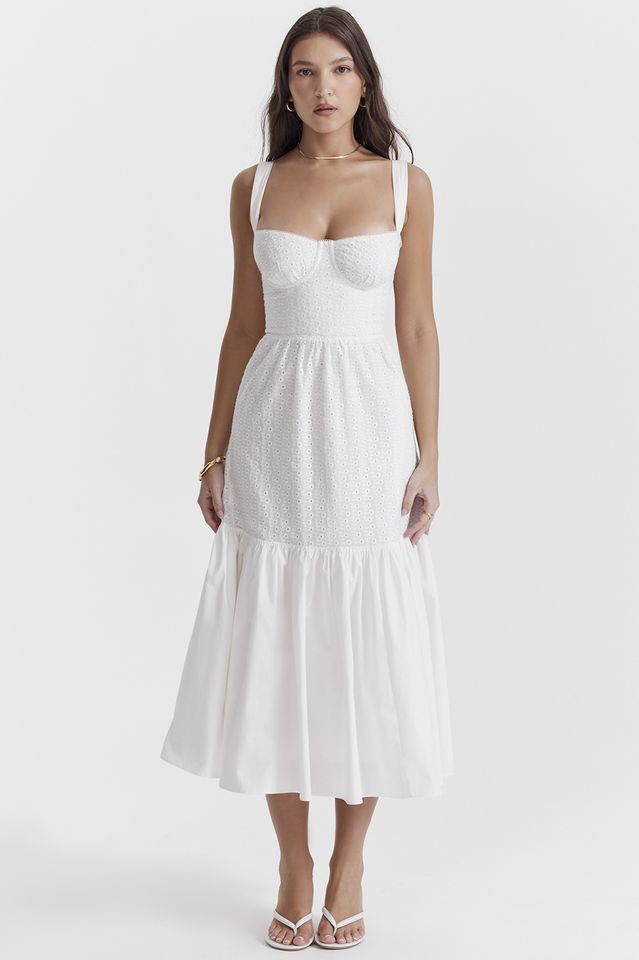 Katrina | Broderie Anglaise Midi Dress with Corset Bodice
