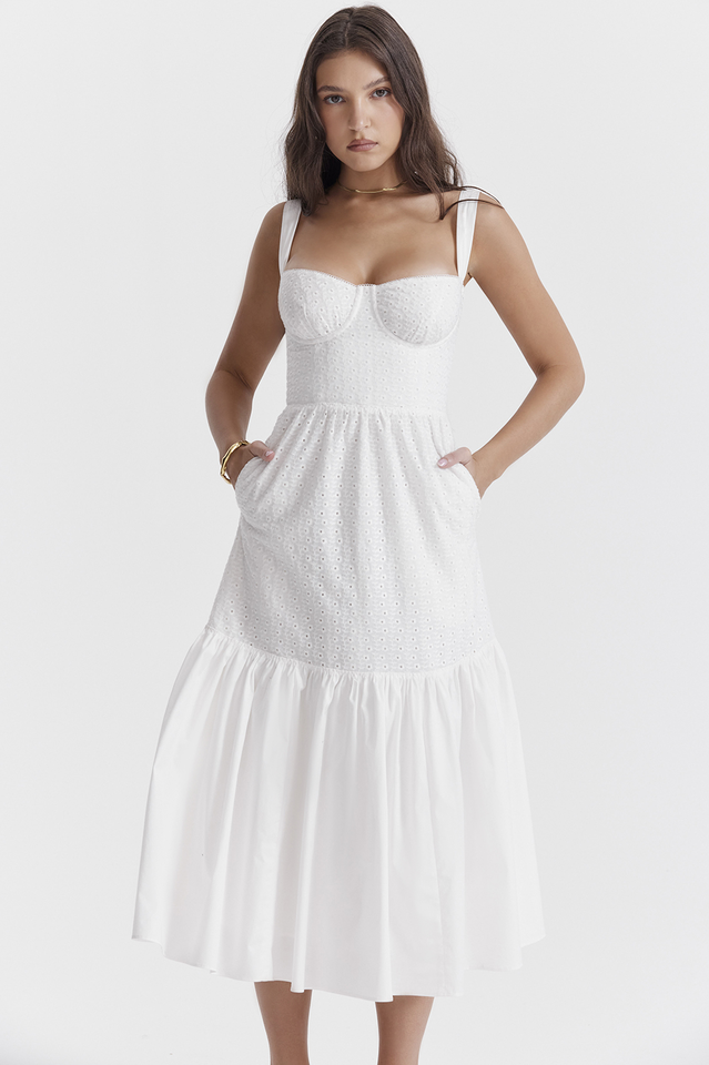 Katrina | Broderie Anglaise Midi Dress with Corset Bodice