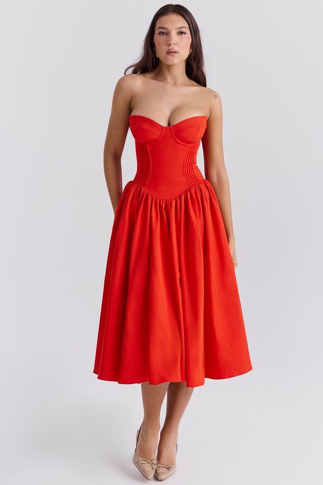 Elizabeth | Strapless Midi Sundress with Corset Bodice
