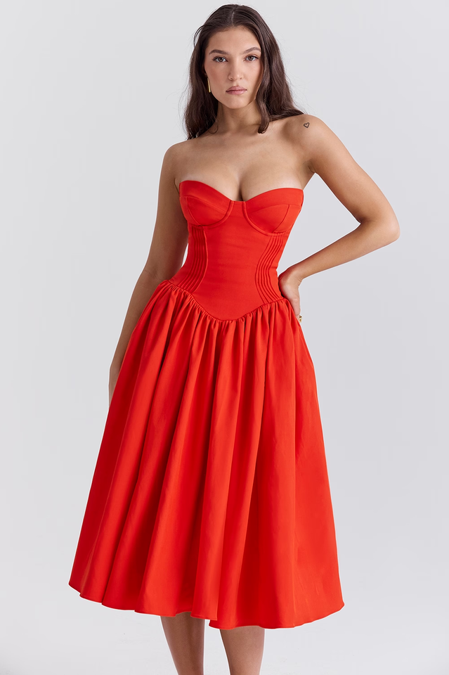 Elizabeth | Strapless Midi Sundress with Corset Bodice