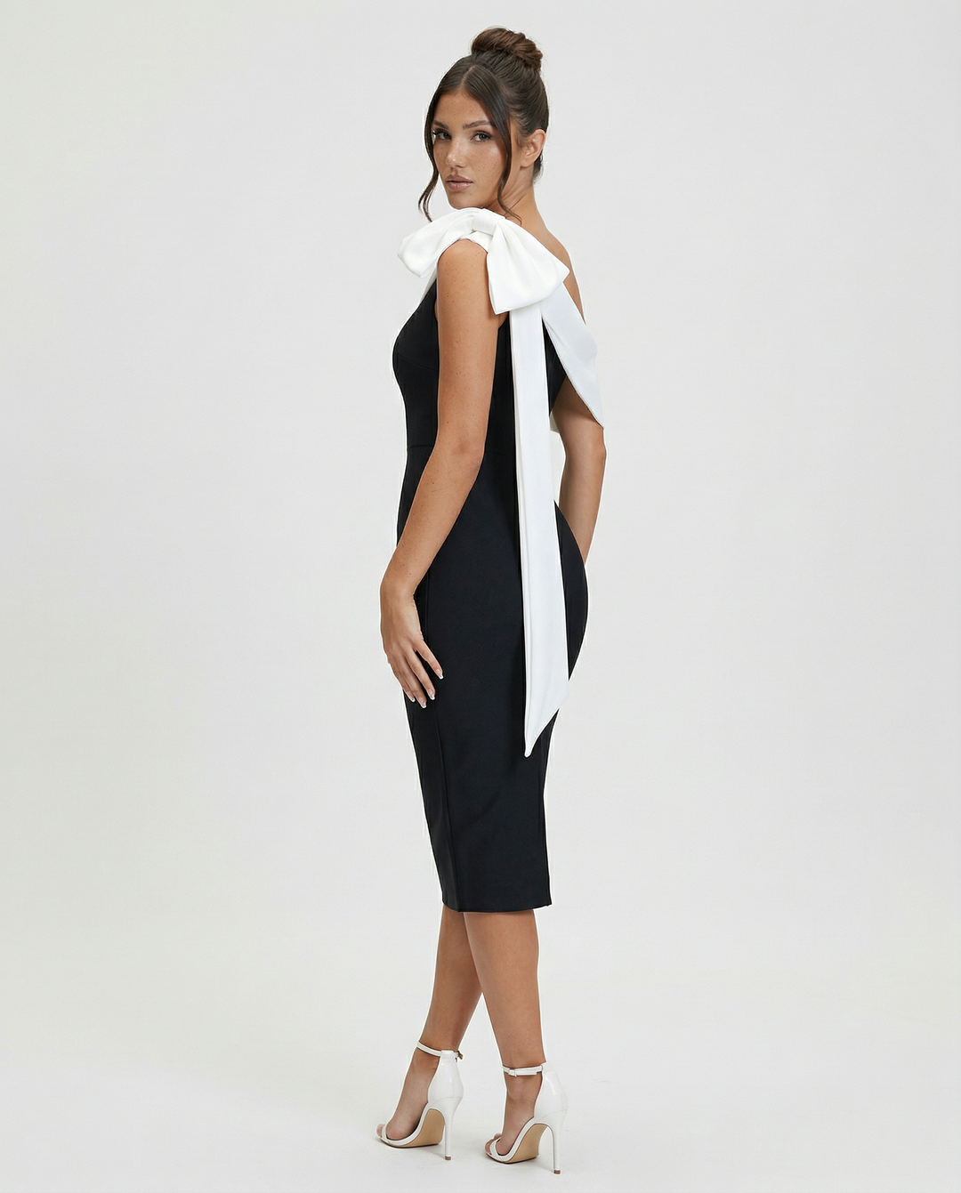 Elza | One Shoulder Midi Bandage Dress with Bow Detail
