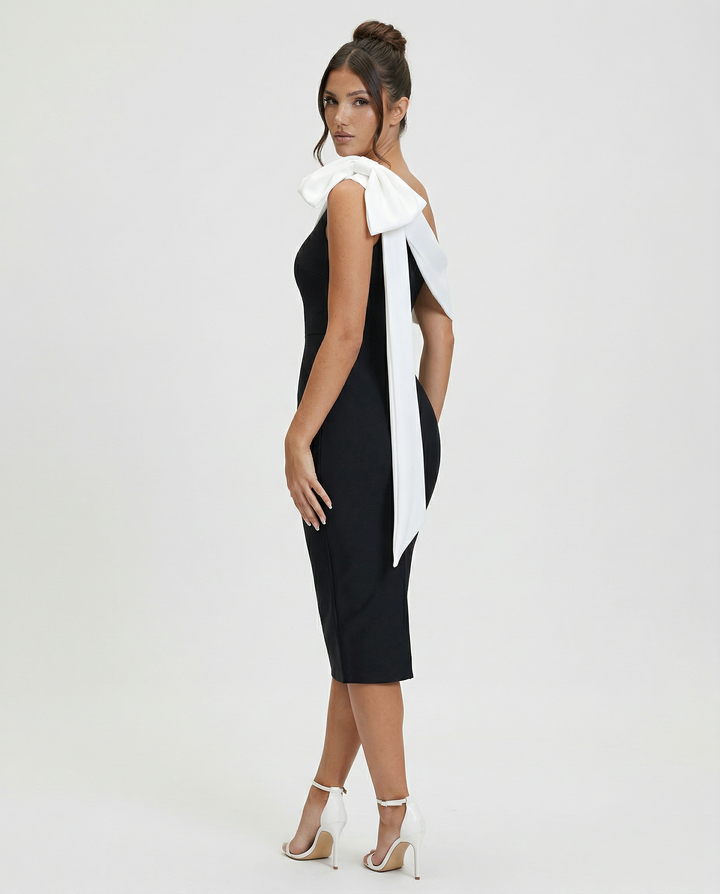 Elza | One Shoulder Midi Bandage Dress with Bow Detail