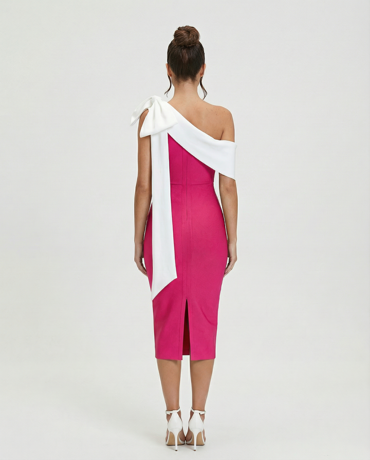 Elza | One Shoulder Midi Bandage Dress with Bow Detail
