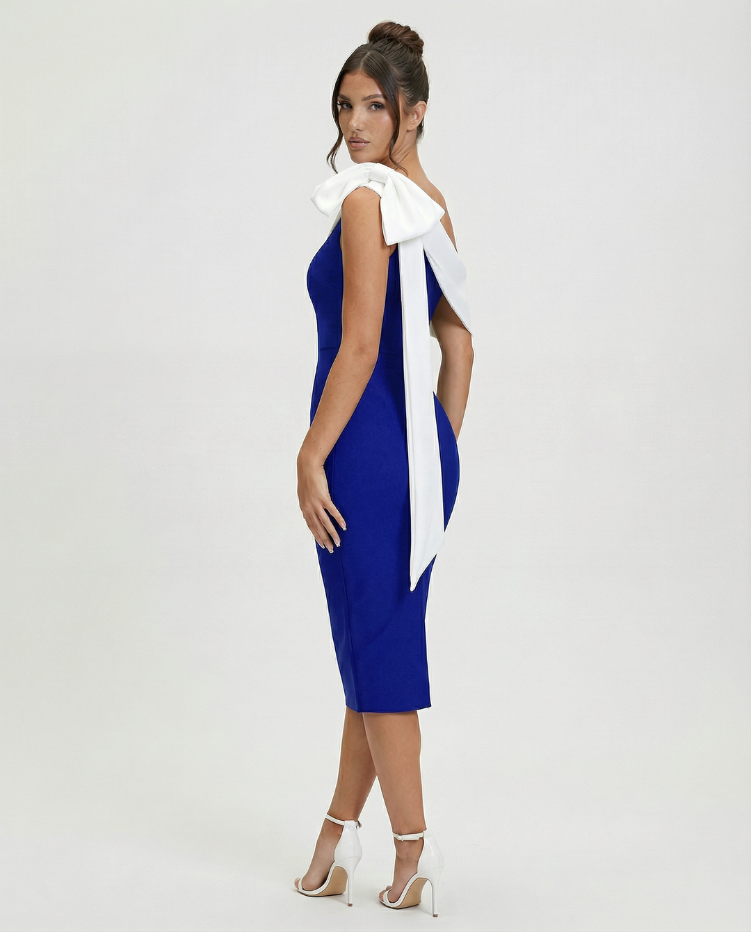Elza | One Shoulder Midi Bandage Dress with Bow Detail