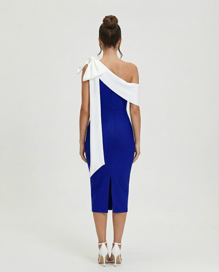 Elza | One Shoulder Midi Bandage Dress with Bow Detail