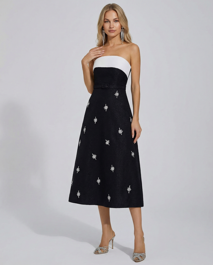 Emberlyn | Strapless Crystal Tweed Midi Dress with Belt Detail