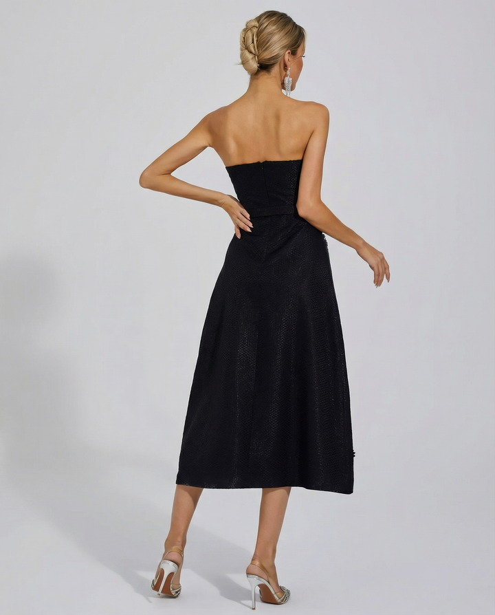 Emberlyn | Strapless Crystal Tweed Midi Dress with Belt Detail