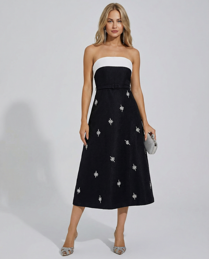 Emberlyn | Strapless Crystal Tweed Midi Dress with Belt Detail