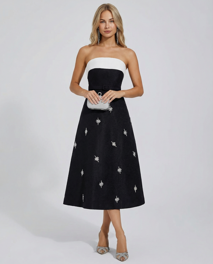 Emberlyn | Strapless Crystal Tweed Midi Dress with Belt Detail