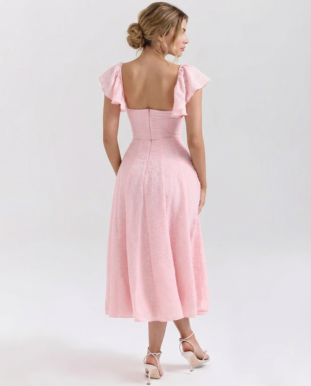 Samantha | Floral Jacquard Midi Dress with Butterfly Sleeves