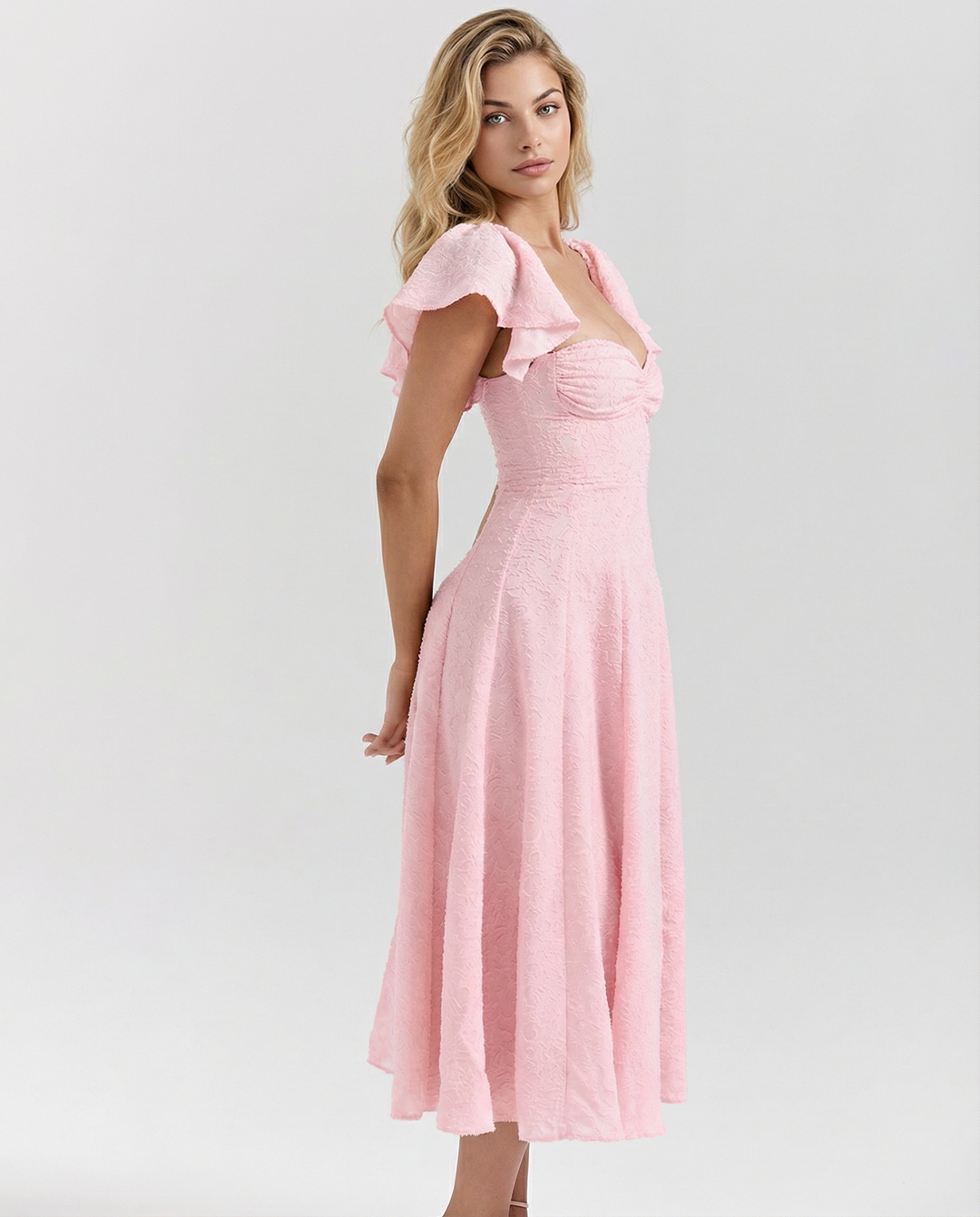 Samantha | Floral Jacquard Midi Dress with Butterfly Sleeves