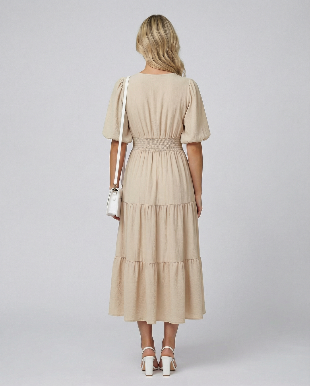 Erin | V Neck Midi Dress with Tiered Skirt and Balloon Sleeves