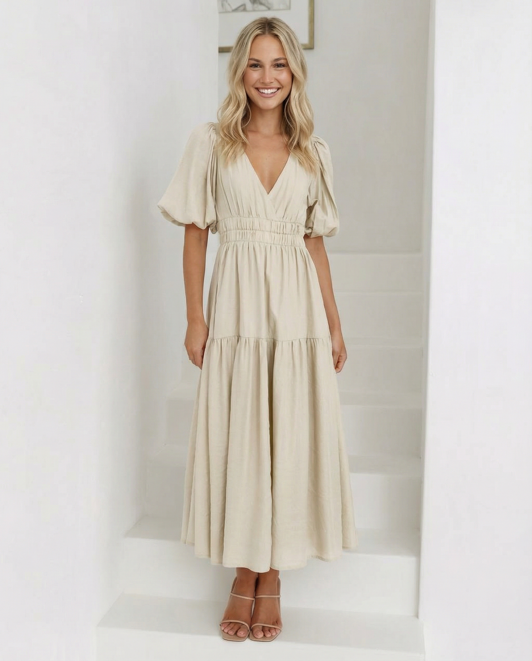Erin | V Neck Midi Dress with Tiered Skirt and Balloon Sleeves
