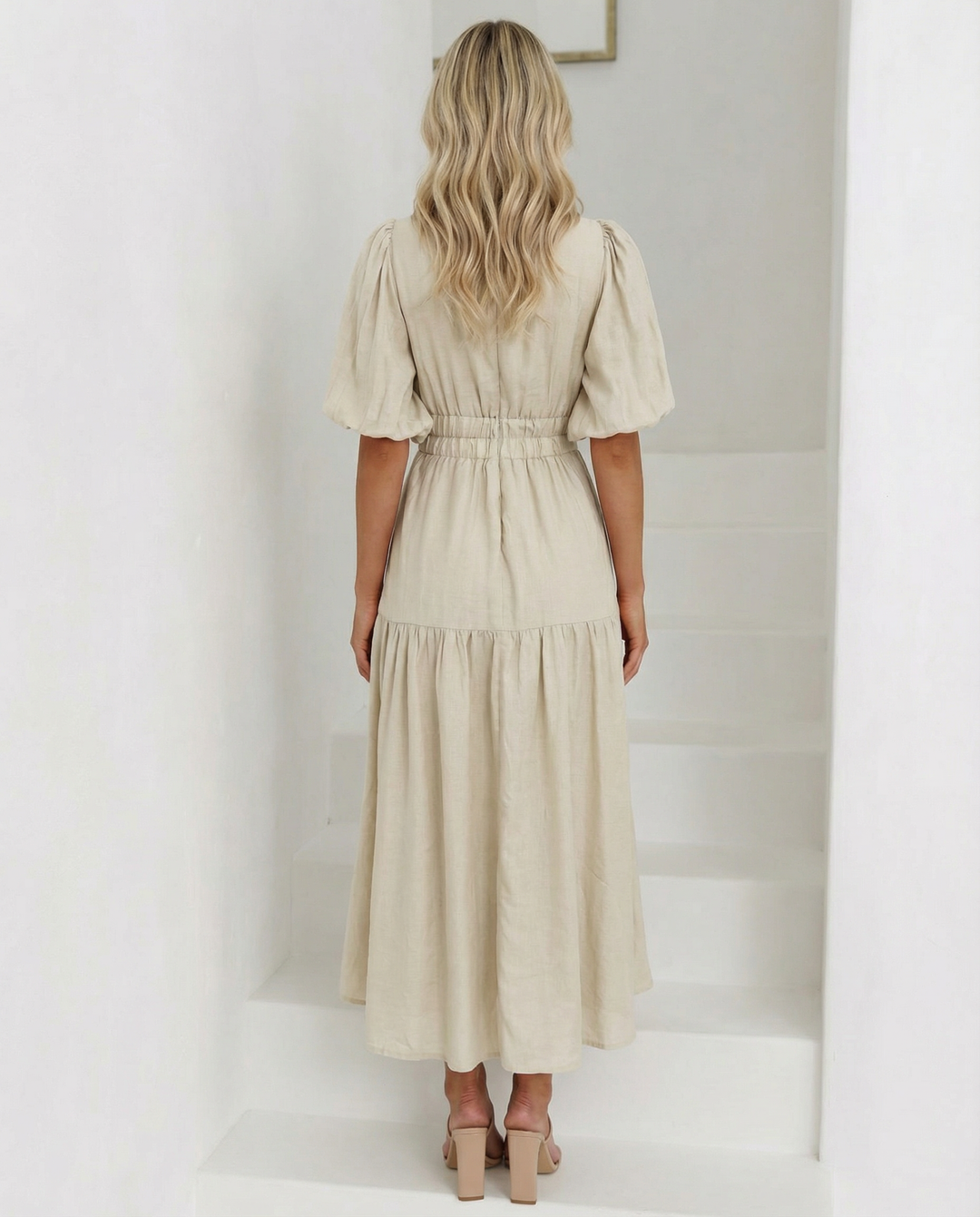 Erin | V Neck Midi Dress with Tiered Skirt and Balloon Sleeves