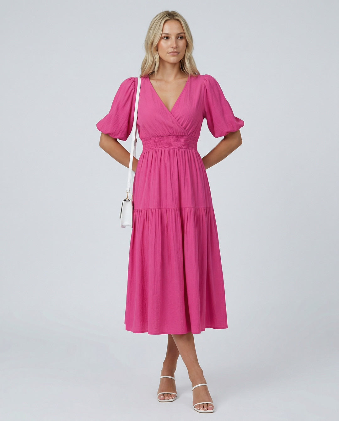 Erin | V Neck Midi Dress with Tiered Skirt and Balloon Sleeves