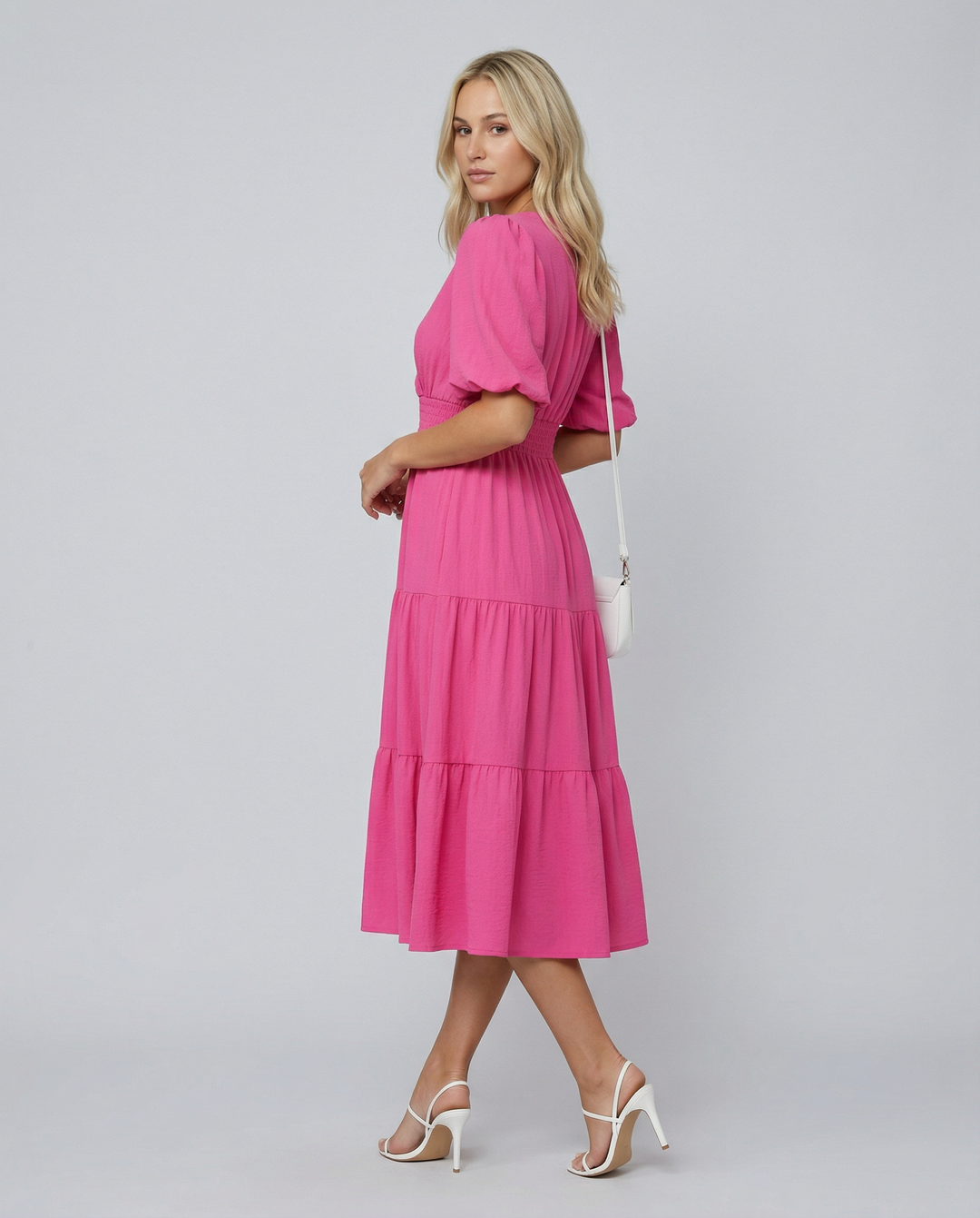 Erin | V Neck Midi Dress with Tiered Skirt and Balloon Sleeves