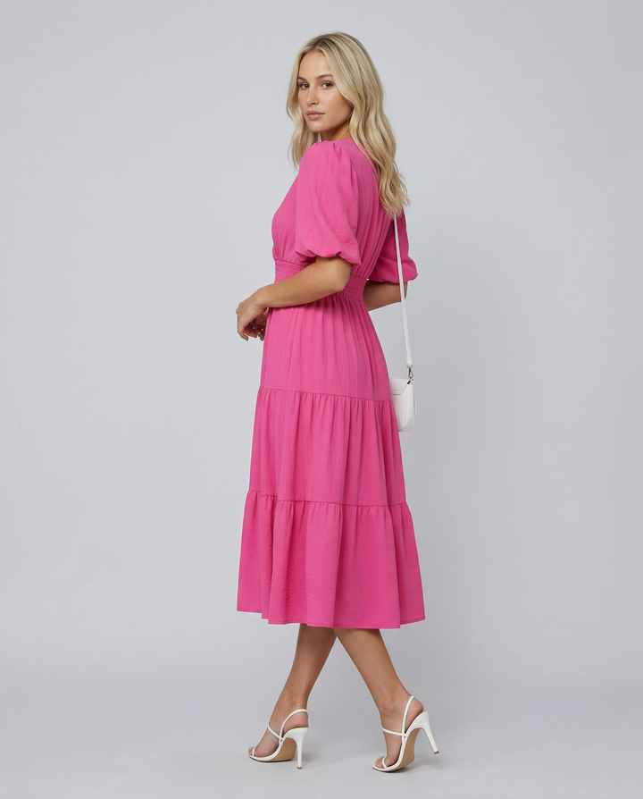 Erin | V Neck Midi Dress with Tiered Skirt and Balloon Sleeves