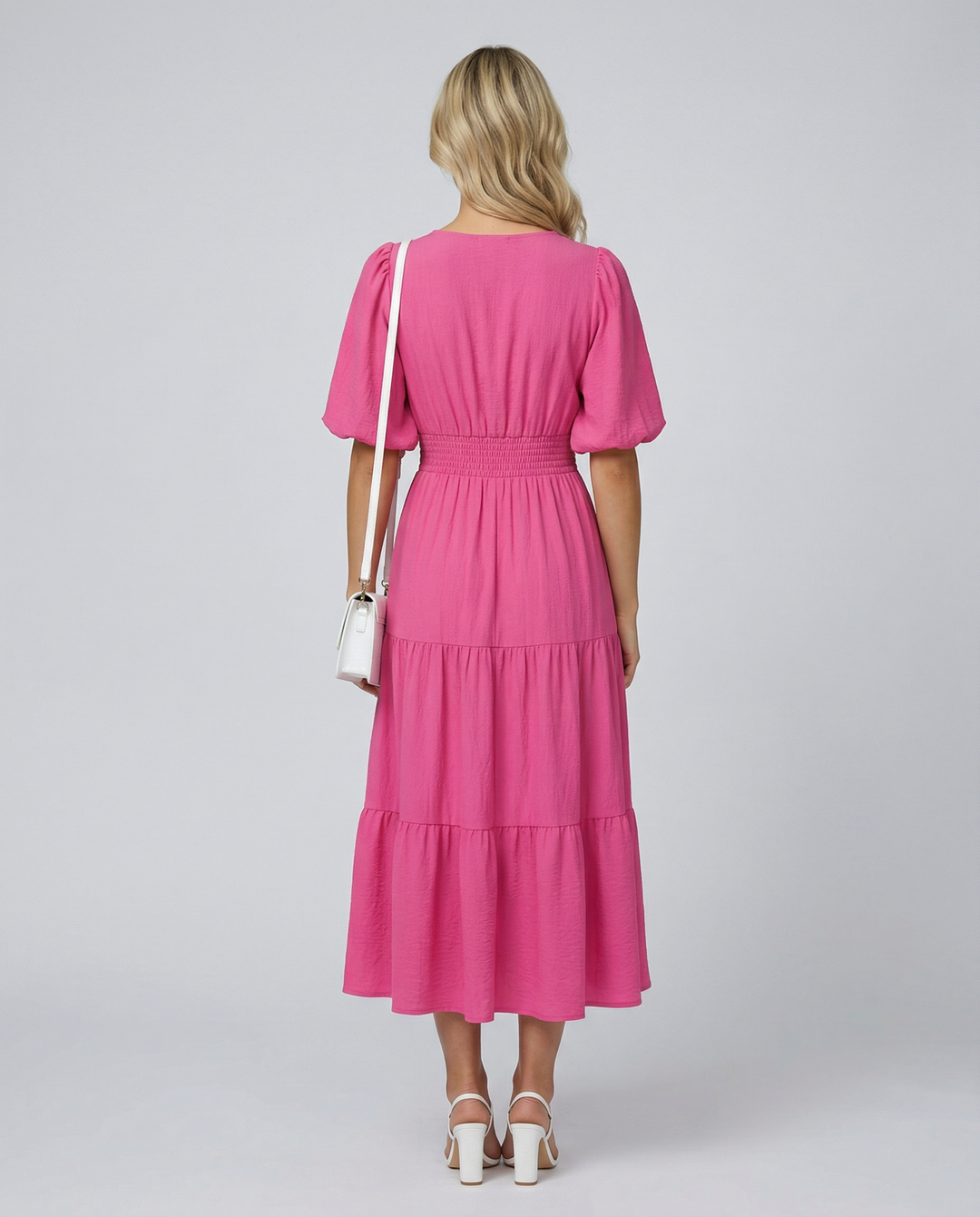 Erin | V Neck Midi Dress with Tiered Skirt and Balloon Sleeves