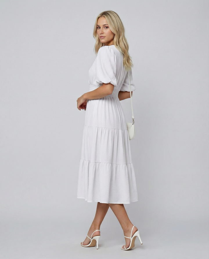Erin | V Neck Midi Dress with Tiered Skirt and Balloon Sleeves