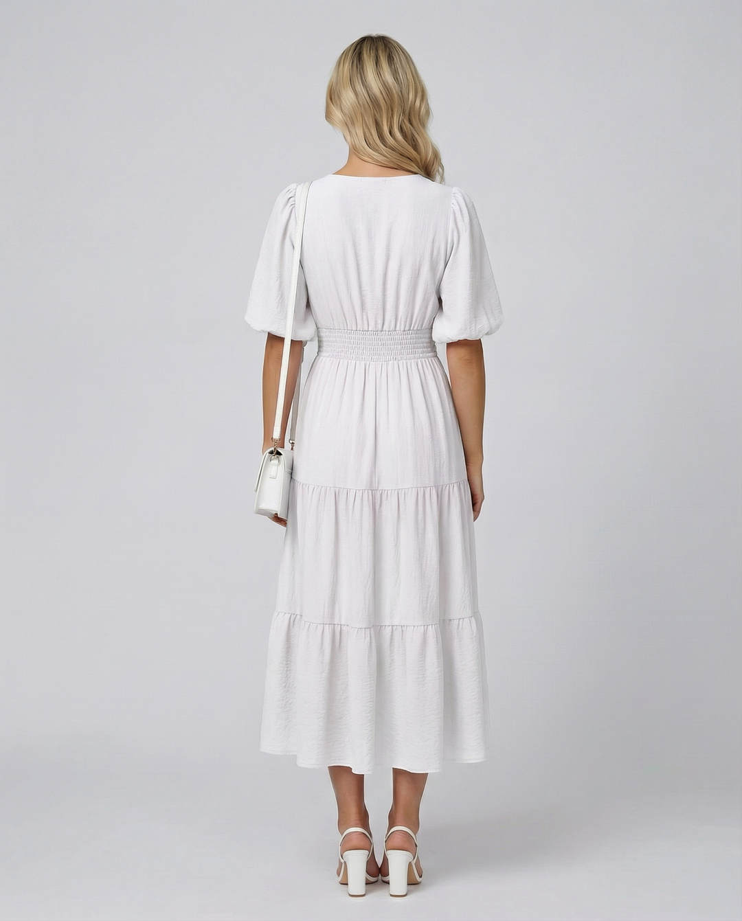 Erin | V Neck Midi Dress with Tiered Skirt and Balloon Sleeves