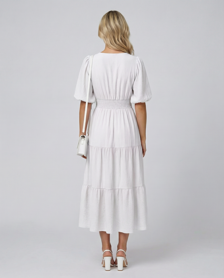 Erin | V Neck Midi Dress with Tiered Skirt and Balloon Sleeves