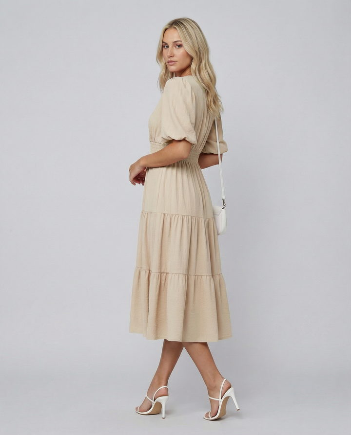 Erin | V Neck Midi Dress with Tiered Skirt and Balloon Sleeves