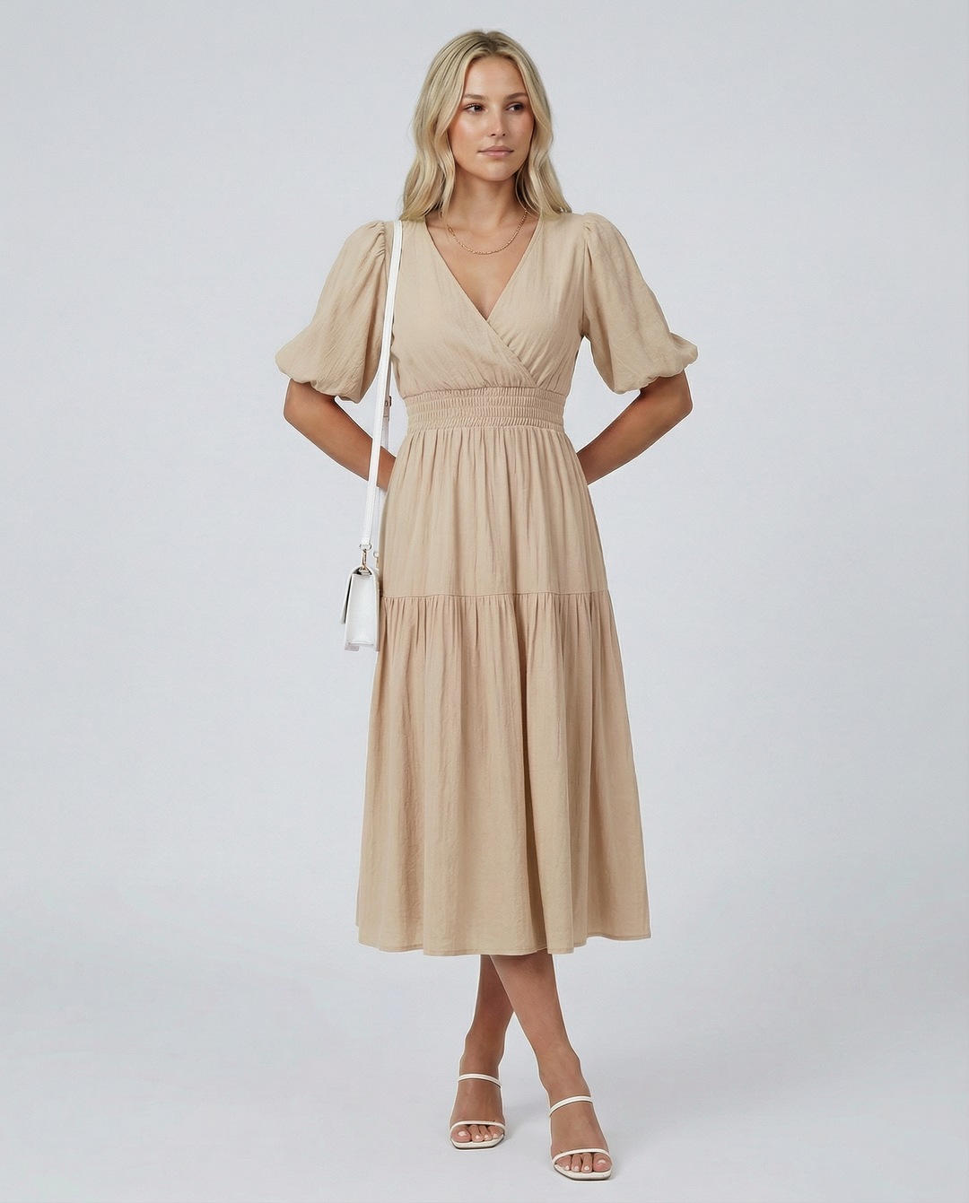 Erin | V Neck Midi Dress with Tiered Skirt and Balloon Sleeves
