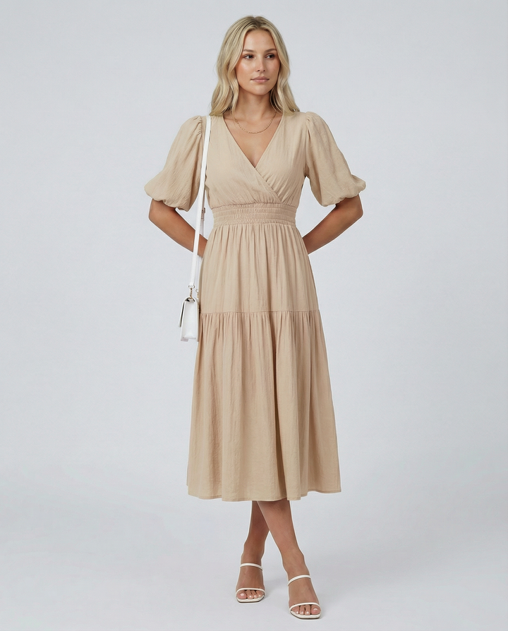 Erin | V Neck Midi Dress with Tiered Skirt and Balloon Sleeves