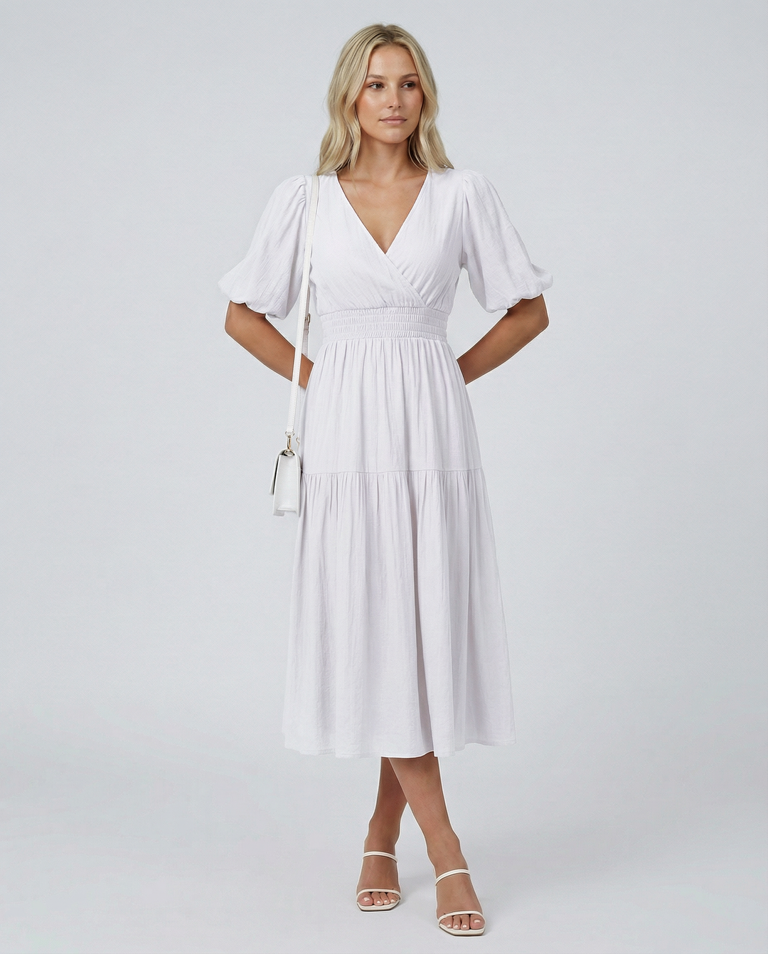 Erin | V Neck Midi Dress with Tiered Skirt and Balloon Sleeves