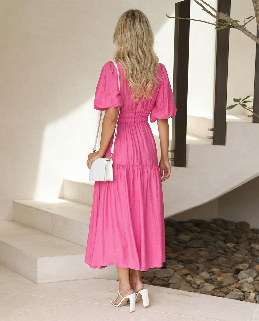 Erin | V Neck Midi Dress with Tiered Skirt and Balloon Sleeves