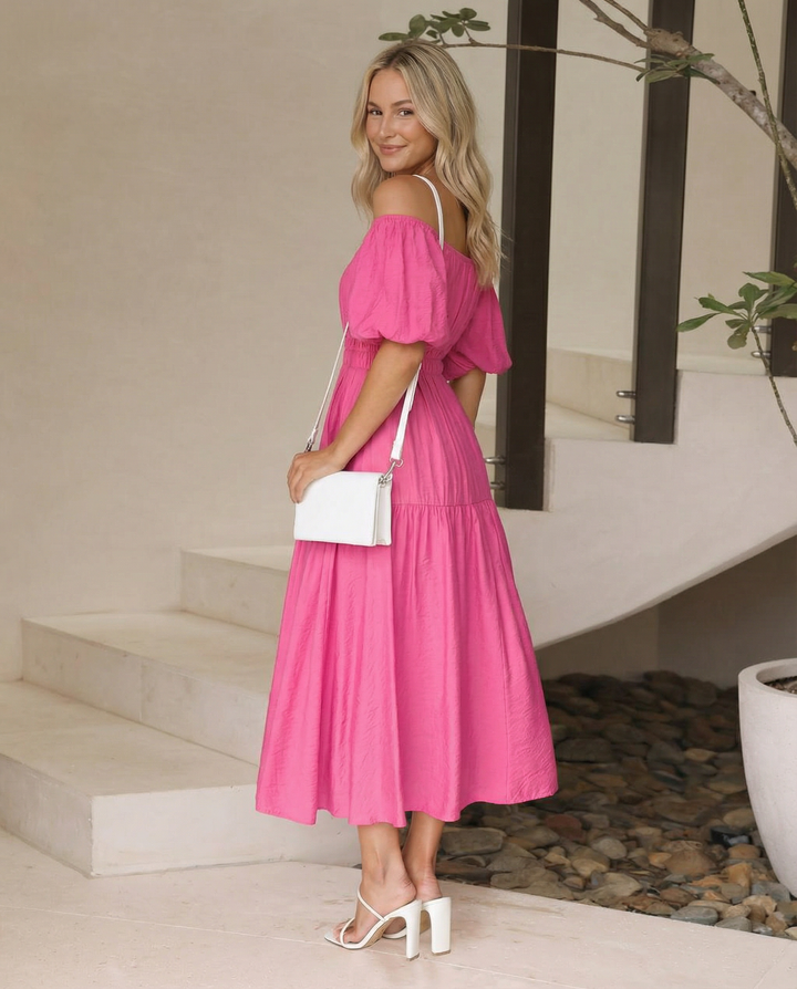 Erin | V Neck Midi Dress with Tiered Skirt and Balloon Sleeves