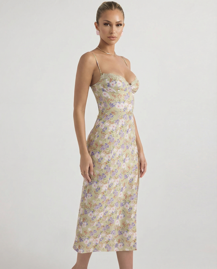 Lydia | Floral Midi Sundress with Lace Sweetheart Neckline