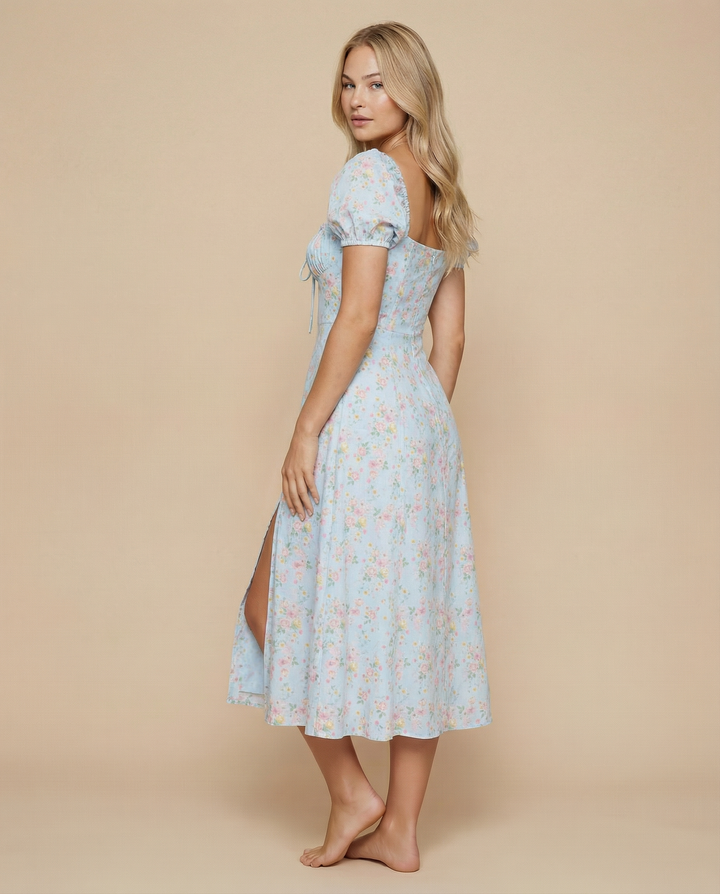 Madeline | Floral Puff Sleeve Boho Midi Dress with Corset Bodice