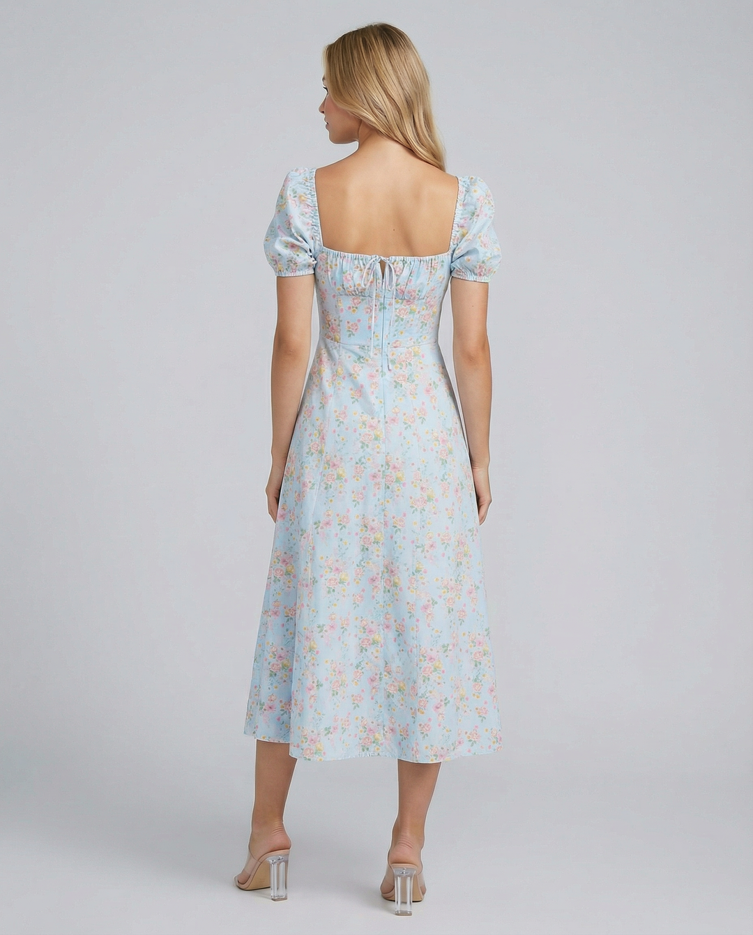 Madeline | Floral Puff Sleeve Boho Midi Dress with Corset Bodice