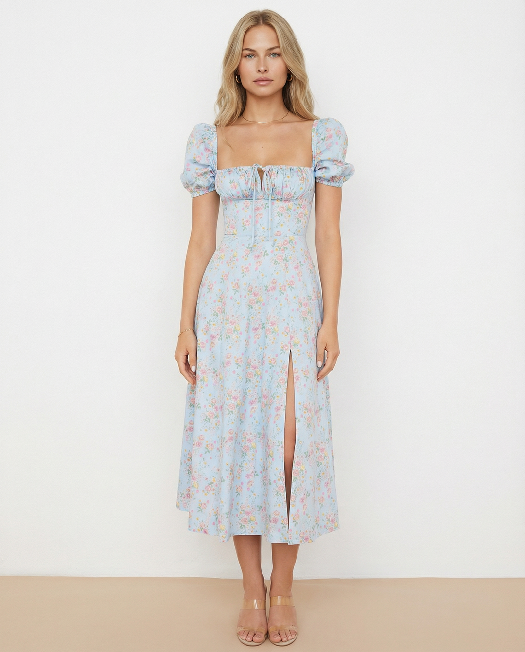 Madeline | Floral Puff Sleeve Boho Midi Dress with Corset Bodice
