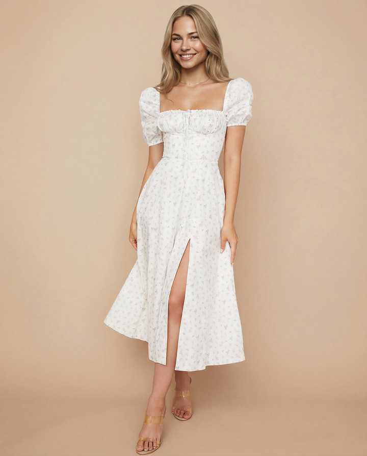 Madeline | Floral Puff Sleeve Boho Midi Dress with Corset Bodice